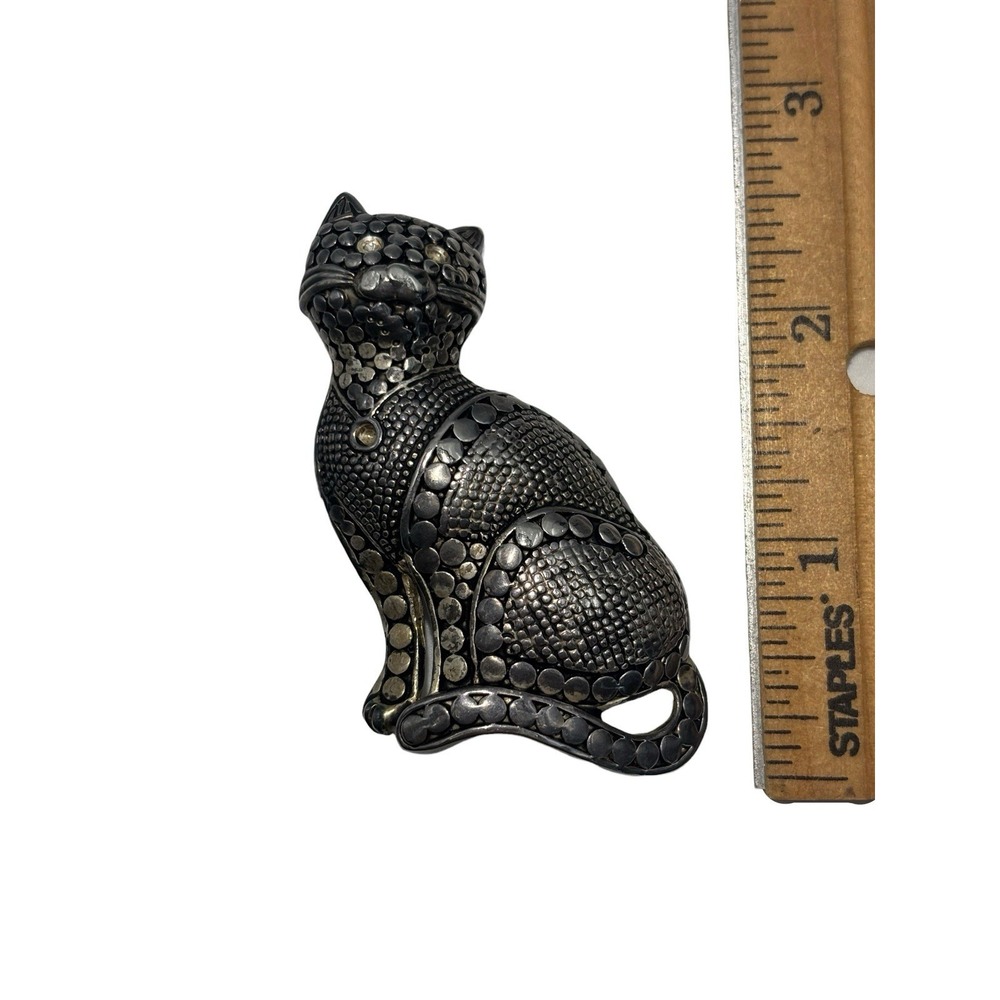 Vintage Silver Tone Textured Circular Pattern Kitty Cat Kitten Brooch Pin - Picture 5 of 5